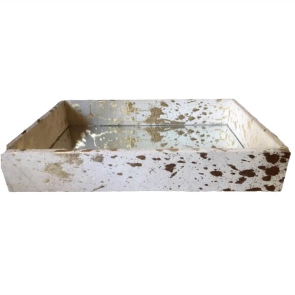 Autumn Hill Handled Cowhide Gold Metallic Paint Splatter Mirror Serving Tray - Picture 4 of 6